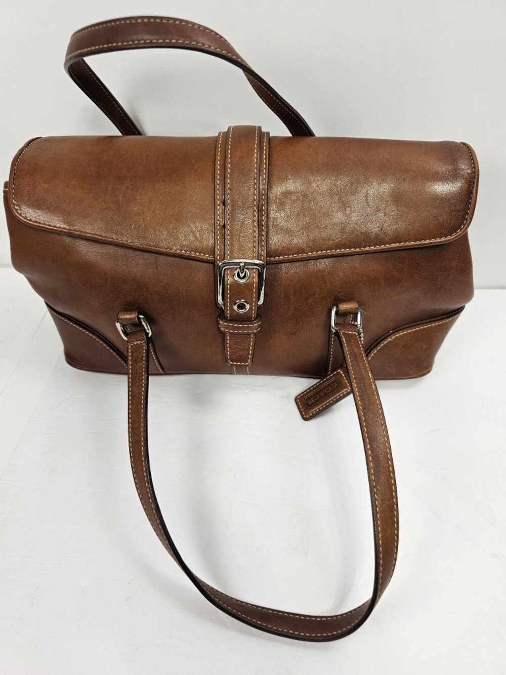 Vintage Coach Hamptons Flap Satchel 9267 — Brown Leather, Silver Buckle